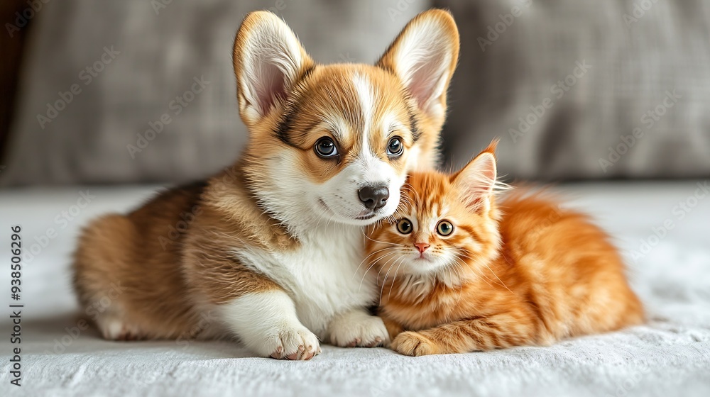 Cute Welsh corgi puppy and a red kitten sit together on a white background isolated on a white background : Generative AI Cute Welsh corgi puppy and a red kitten sit together on a white background isolated on a white background : Generative AI