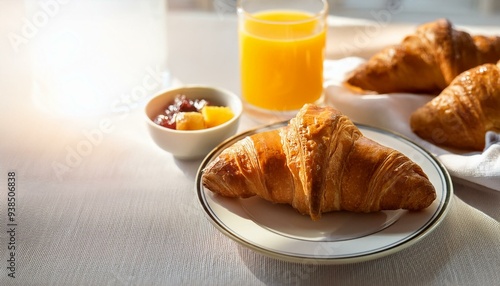 Luxurious breakfast with croissants Space for text