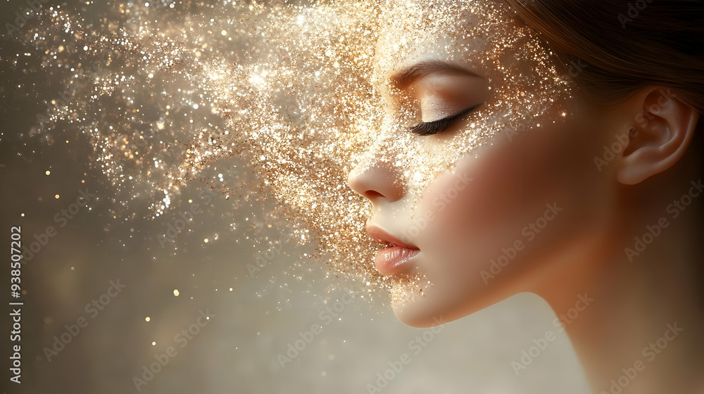 A close-up portrait of a woman's face with glitter on her skin. The glitter is blowing in the wind, creating a dreamy effect. A close-up portrait of a woman's face with glitter on her skin. The glitter is blowing in the wind, creating a dreamy effect.