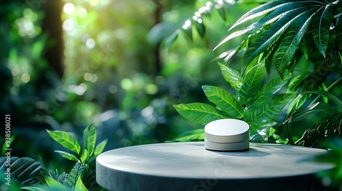 Minimal podium table top outdoors blur green leaf tropical forest plant backgroundbeauty cosmetic healthy natural product placement pedestal displayjungle paradise concept : Generative AI photo