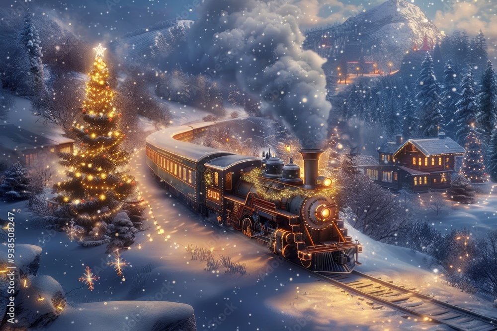 A magical Christmas train travels through a snowy twilight landscape with glowing windows and festive decorations A magical Christmas train travels through a snowy twilight landscape with glowing windows and festive decorations