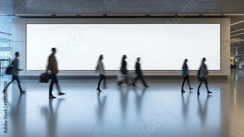 blank billboard with Blurred image of people walking in airport terminal : Generative AI