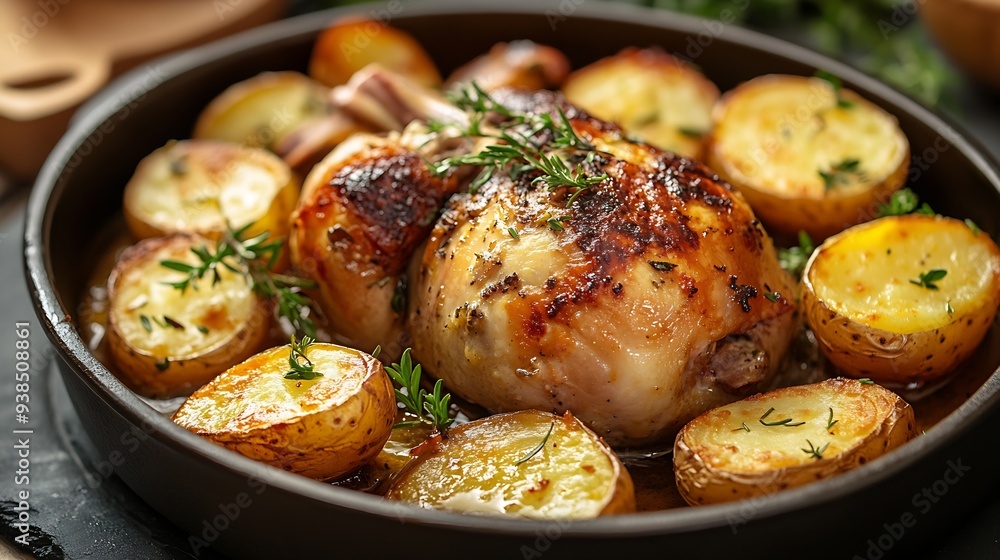 Whole piquant roasted rabbit with side dish of baked potato slices garnished with fresh herbs for dinner : Generative AI Whole piquant roasted rabbit with side dish of baked potato slices garnished with fresh herbs for dinner : Generative AI