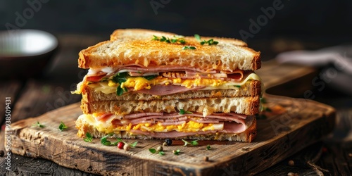 Breakfast club sandwich featuring toasted bread, beef, ham, and cheese, battered and fried, cut into two halves, presented vertically. photo