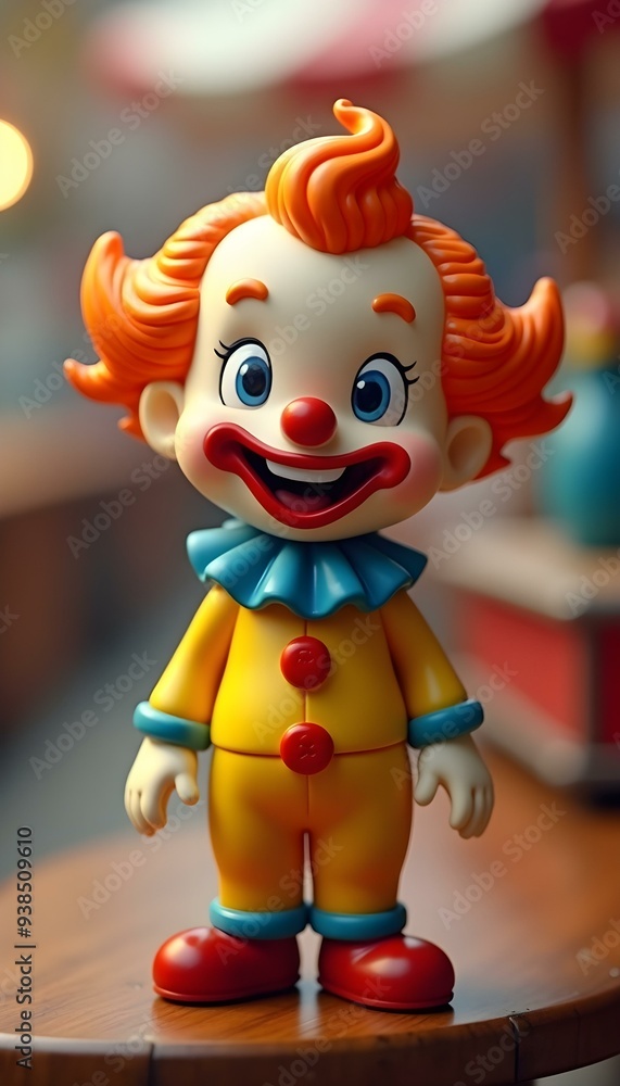 A colorful clown figurine with a big smile, wearing a yellow and blue outfit, and having orange curly hair. A colorful clown figurine with a big smile, wearing a yellow and blue outfit, and having orange curly hair.