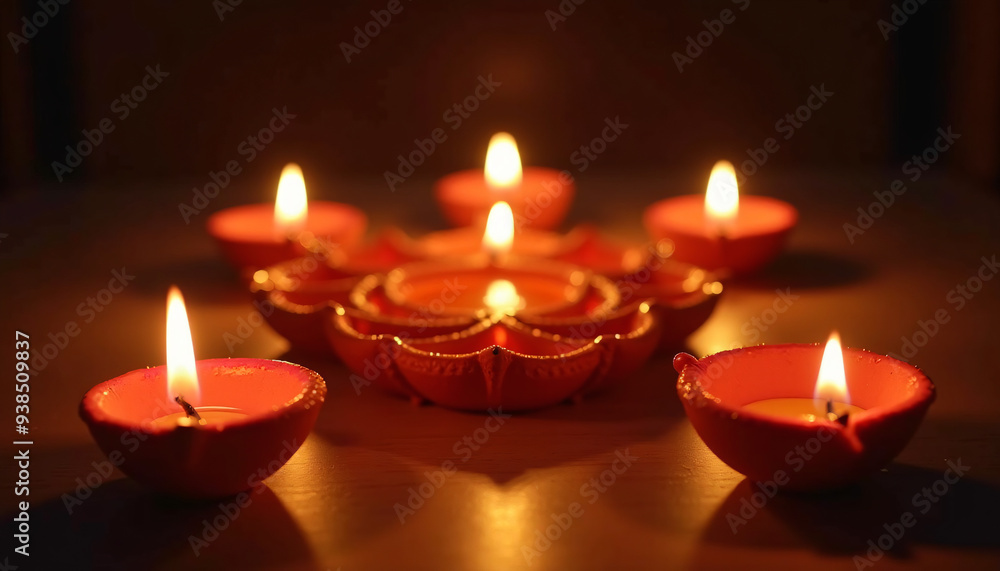 Beautifully arranged diya lamps creating a mesmerizing symmetrical pattern softly glowing in the evening during a peaceful Navratri night Beautifully arranged diya lamps creating a mesmerizing symmetrical pattern softly glowing in the evening during a peaceful Navratri night