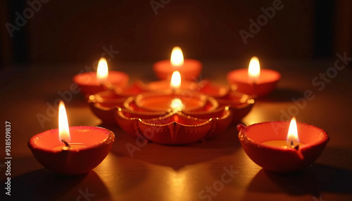 Beautifully arranged diya lamps creating a mesmerizing symmetrical pattern softly glowing in the evening during a peaceful Navratri night