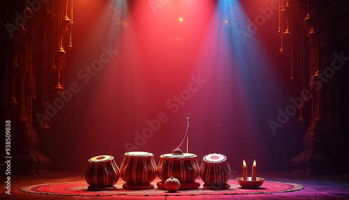 Traditional musical instruments used in Navratri such as dholak tabla and harmonium beautifully displayed on a stage set for devotional performances