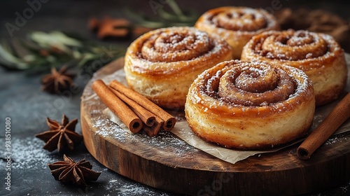 Homemade fresh baked cinnamon rolls on a wooden board with cinnamon sticks sugar and napkin Wooden and dark background : Generative AI