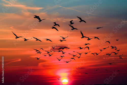 Wallpaper Mural A flock of birds fly over a beautiful sunset Torontodigital.ca