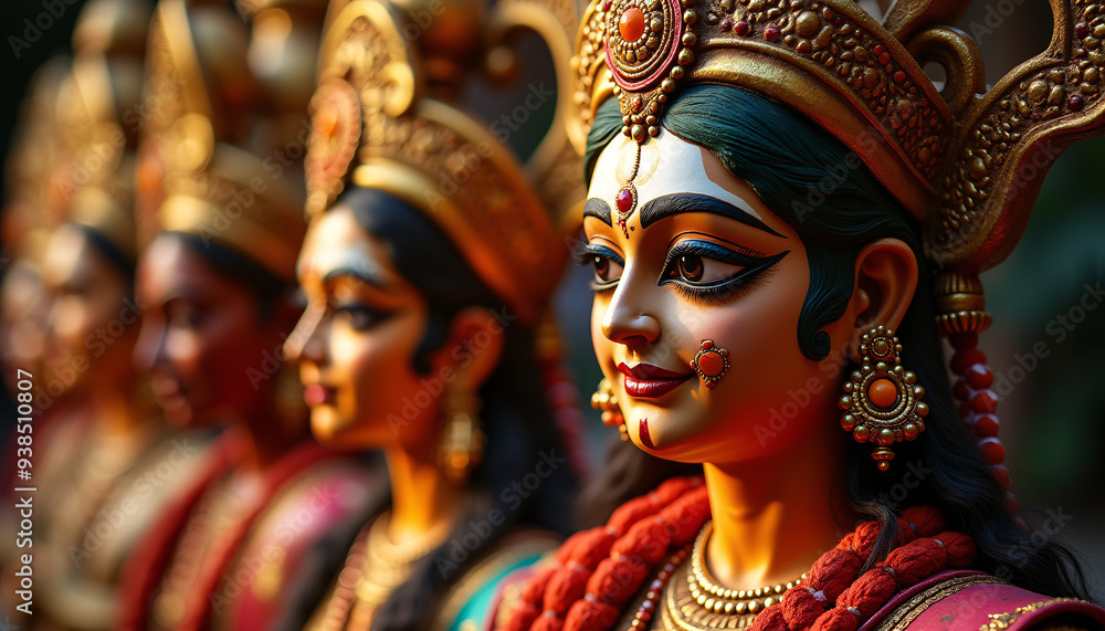 Close-up view of traditional Dussehra props and stage elements used for Ramayana reenactments showcasing their intricate details Close-up view of traditional Dussehra props and stage elements used for Ramayana reenactments showcasing their intricate details