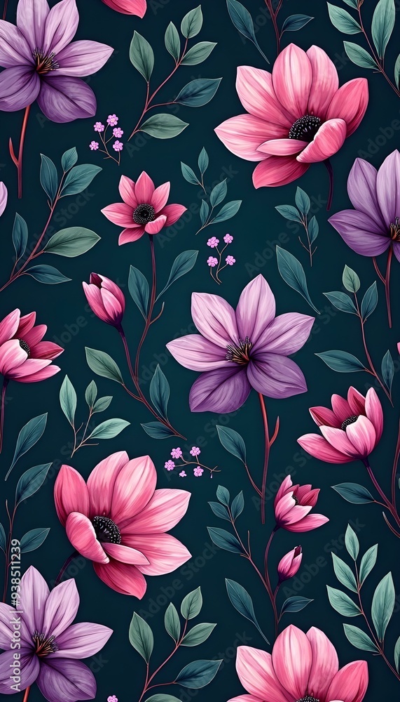 A dark background with vibrant pastel purple and green floral patterns A dark background with vibrant pastel purple and green floral patterns