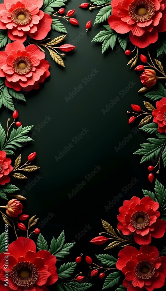 A dark background with vibrant red and green floral patterns A dark background with vibrant red and green floral patterns