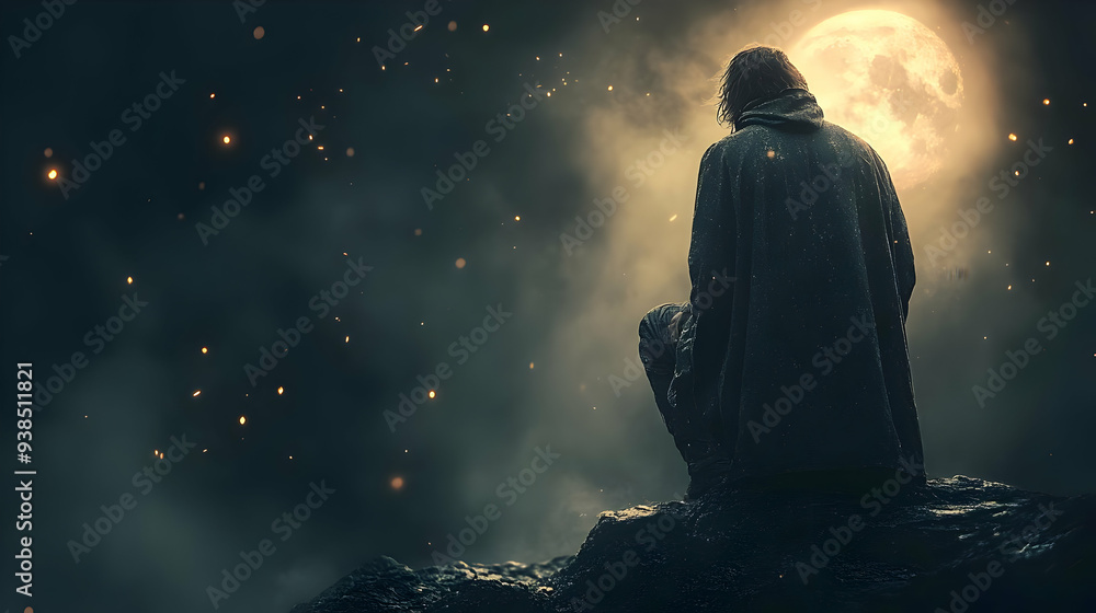 A lone figure stands on a cliff, silhouetted against a glowing moon, with a hazy sky above. A lone figure stands on a cliff, silhouetted against a glowing moon, with a hazy sky above.