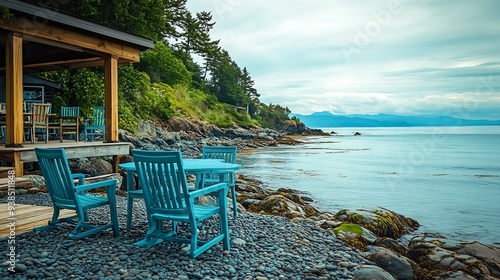 Sunrise Cove Lummi Island Washington beautiful beach house home exterior rocky landscape on a peaceful ocean bay in the Pacific Northwest large deck patio tables and chairs in colors o : Generative AI photo