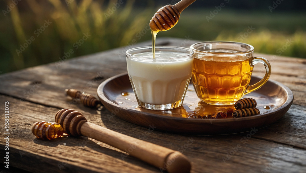 Glass of warm milk with a drizzle of honey, on a rustic tray with a honey dipper beside it. Glass of warm milk with a drizzle of honey, on a rustic tray with a honey dipper beside it.