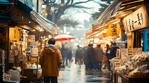 A lone person walks through a bustling market street in the rain, with paper lanterns and signs in the background.