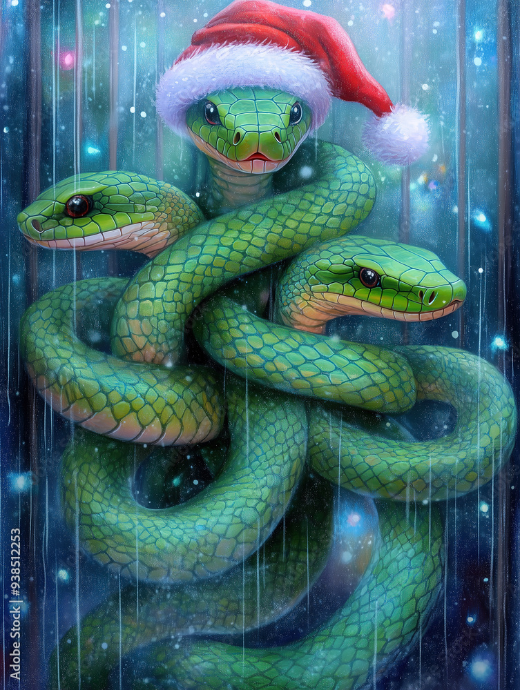 Fototapeta premium A family of cute green snakes in Santa Claus hats wish you a Merry Christmas and a Happy New Year