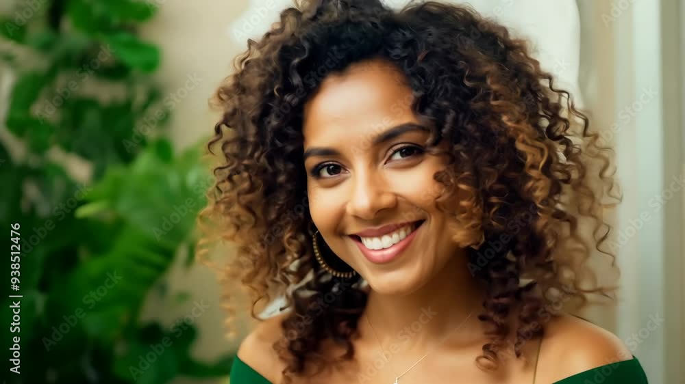 A joyful young woman wearing a stylish green dress smiles confidently indoors among lush plants in a bright setting