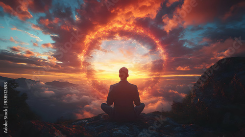 A man in a suit sits in lotus position on a mountaintop, gazing at a glowing portal in the sky.