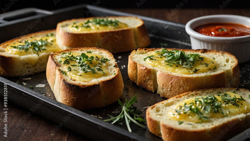 Garlic bread slices with melted butter and herbs, served on a hot baking tray with a side of marinara sauce. Garlic bread slices with melted butter and herbs, served on a hot baking tray with a side of marinara sauce.
