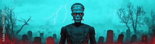 A haunting scene with a mysterious figure standing in a graveyard under an eerie sky, evoking feelings of suspense and intrigue.