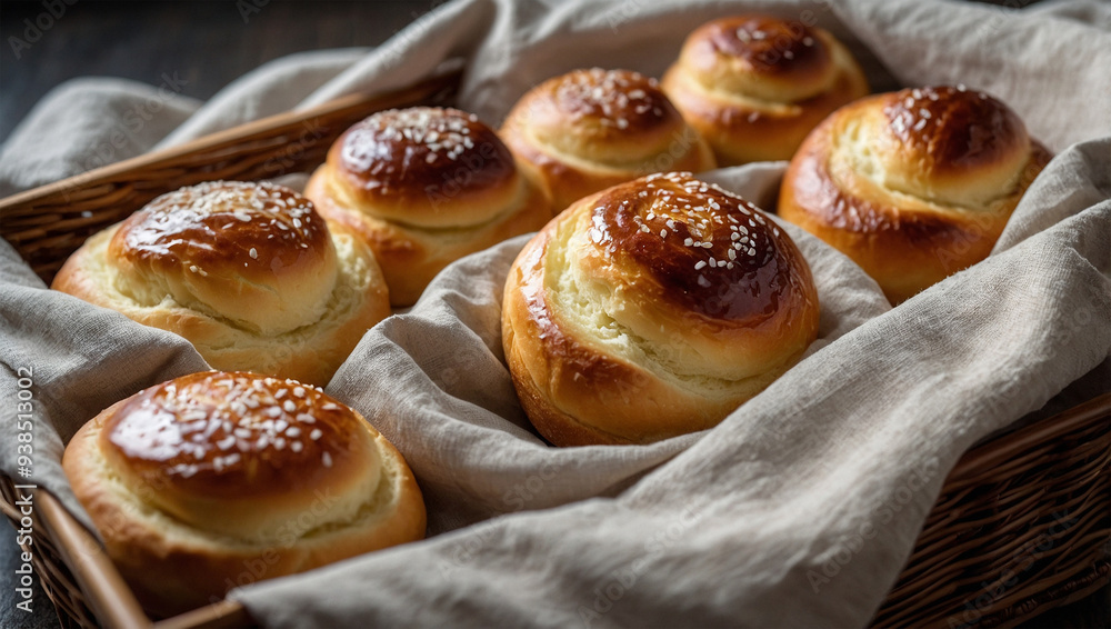 Soft and fluffy brioche rolls with a glossy finish, placed in a basket lined with a linen cloth. Soft and fluffy brioche rolls with a glossy finish, placed in a basket lined with a linen cloth.