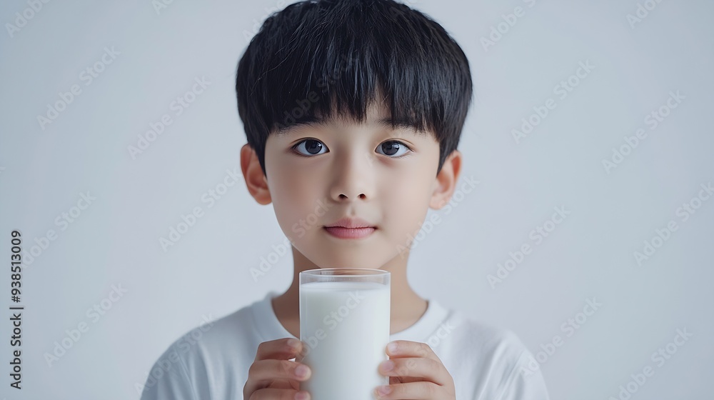 Portrait of asian boy drinking milk and posing on white background : Generative AI Portrait of asian boy drinking milk and posing on white background : Generative AI