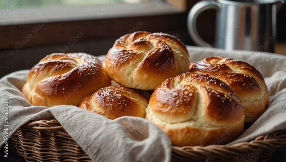 Soft and fluffy brioche rolls with a glossy finish, placed in a basket lined with a linen cloth. Soft and fluffy brioche rolls with a glossy finish, placed in a basket lined with a linen cloth.