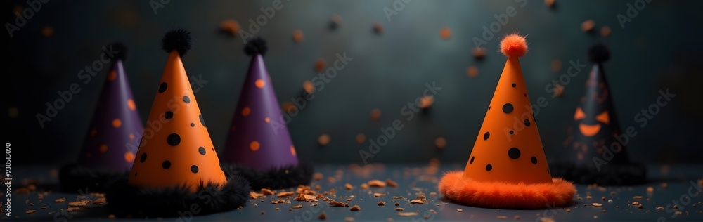 A collection of polka-dotted Halloween-themed party hats in orange and purple, set against a festive background A collection of polka-dotted Halloween-themed party hats in orange and purple, set against a festive background