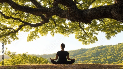 A serene moment of meditation under a large tree, surrounded by lush greenery, promoting peace and mindfulness in nature.