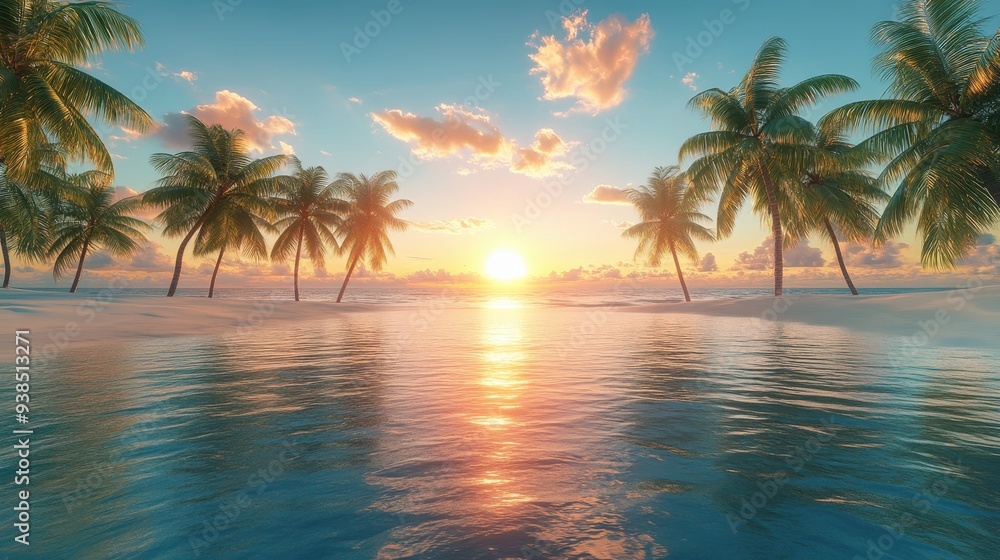 Tropical Sunset Beach with Palm Trees Tropical Sunset Beach with Palm Trees