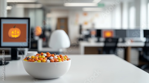 A vibrant bowl of colorful candy sits on a modern office desk, adding a playful touch to the workspace atmosphere.