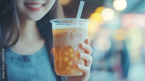 Beverage and food concept Happy asian young woman hand holding plastic cup glass of drink bubble pearl milk tea with straw cute girl drinking ice cold tea with tapioca boba ball popula : Generative AI photo