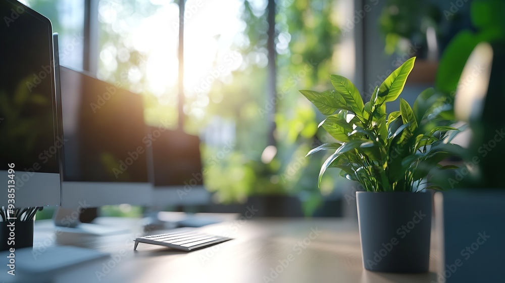 Clean modern office interior with computers and plants : Generative AI Clean modern office interior with computers and plants : Generative AI