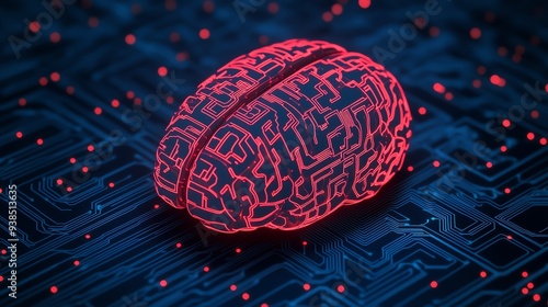 Futuristic concept of a digital brain, blending technology and neural networks, set against a vibrant circuit background.