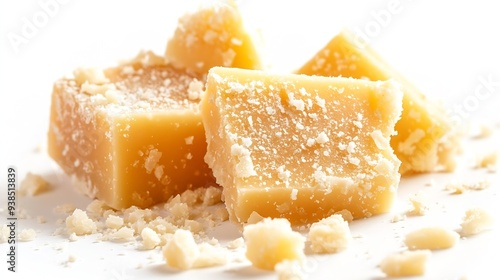 Pieces of parmesan cheese isolated on white background Parmesan chunks with crumbs top view : Generative AI