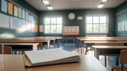 Interior of empty classroom with copybook on desk : Generative AI