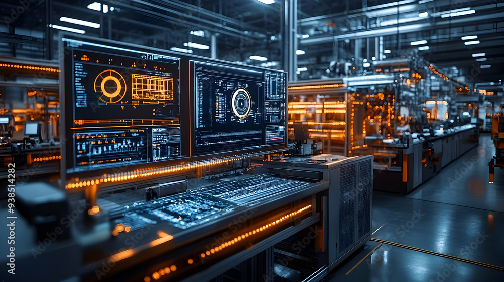 A modern industrial workstation with a computer displaying data and a blurred background of factory equipment. A modern industrial workstation with a computer displaying data and a blurred background of factory equipment.
