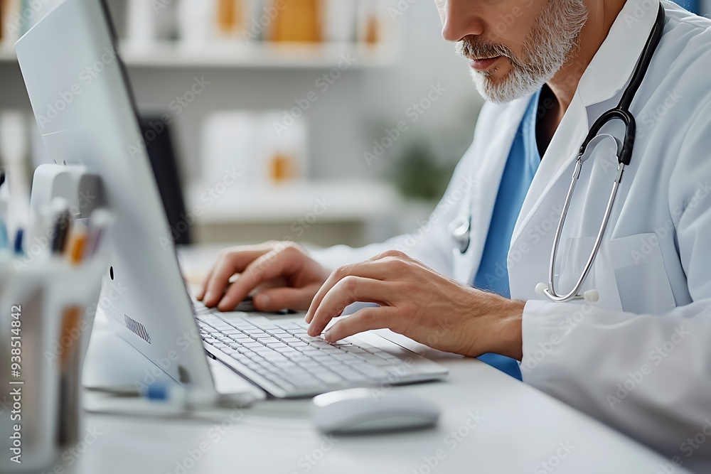 Close up of doctor working on computer in doctor's office. Physician doing paperwork and administration Close up of doctor working on computer in doctor's office. Physician doing paperwork and administration