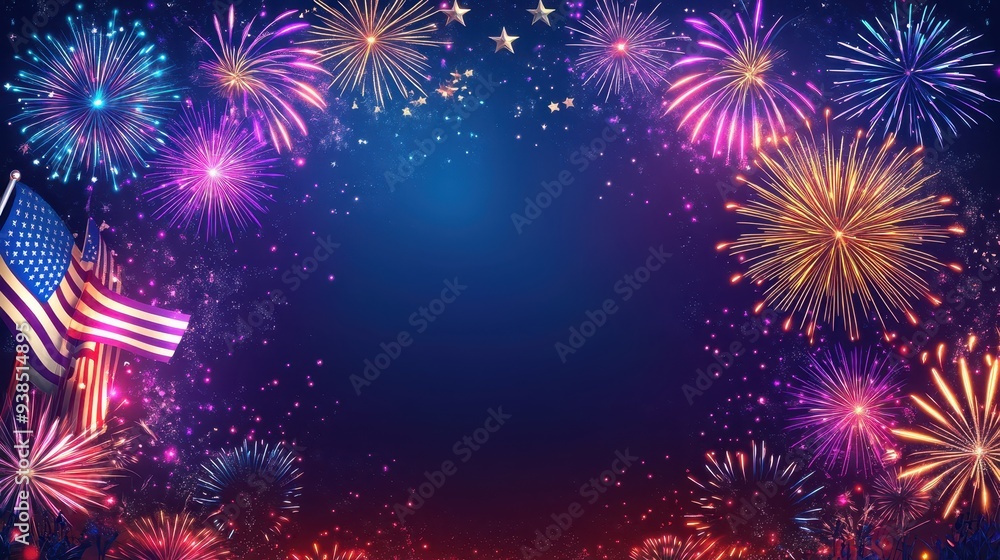 Fototapeta premium Fireworks Display with American Flag and Stars