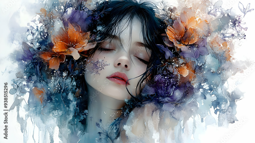 A portrait of a woman with her eyes closed, surrounded by flowers in a watercolor style. A portrait of a woman with her eyes closed, surrounded by flowers in a watercolor style.