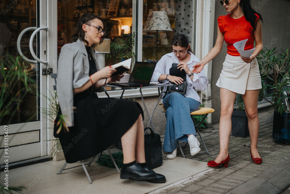 Three businesswomen having an outdoor meeting, engaging in a discussion with documents, laptop, and notepad. Professional women sharing ideas in a casual setting. Three businesswomen having an outdoor meeting, engaging in a discussion with documents, laptop, and notepad. Professional women sharing ideas in a casual setting.