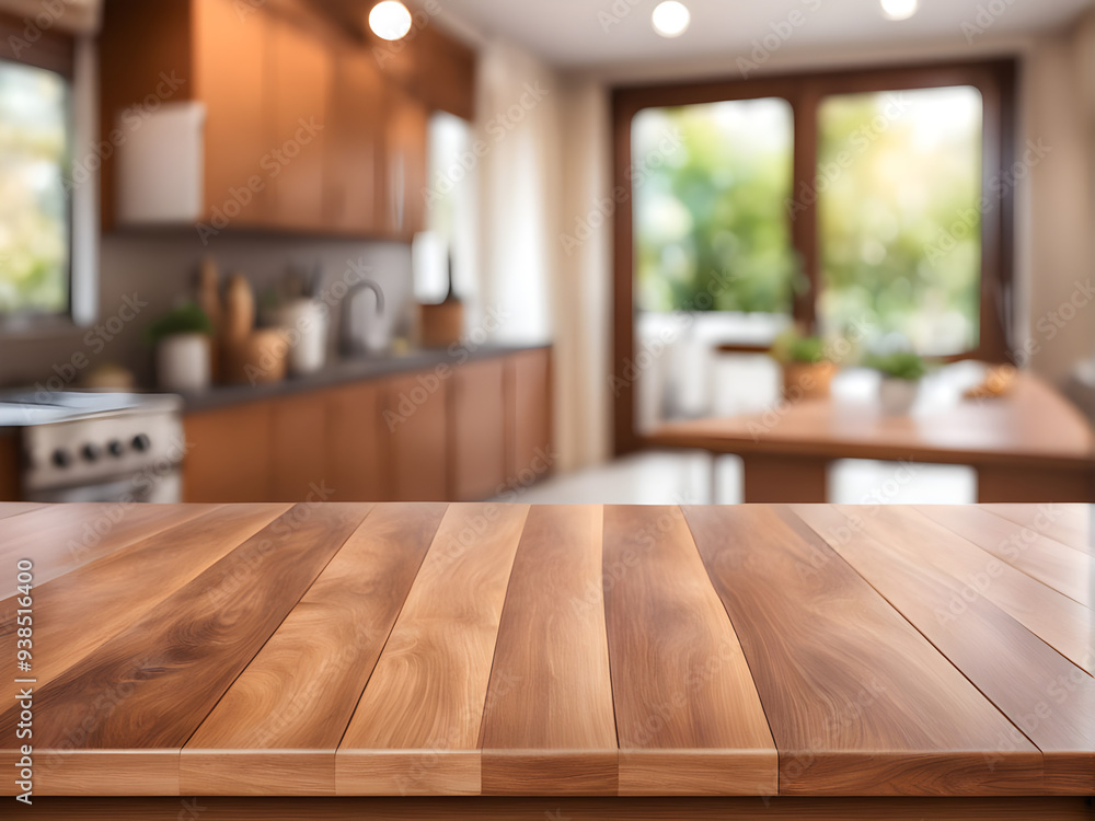 beautiful brown wood table top kitchen interior background and blurred defocused with daylight flare bokeh, product montage display beautiful brown wood table top kitchen interior background and blurred defocused with daylight flare bokeh, product montage display