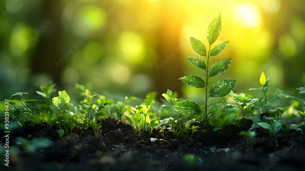 A single plant growing in rich soil with the sun shining brightly behind it, and other plants around it. A single plant growing in rich soil with the sun shining brightly behind it, and other plants around it.