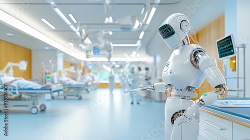 A futuristic hospital scene featuring a robotic assistant aiding in patient care, showcasing advanced technology in healthcare. Sci fi Concept.