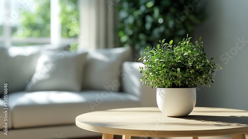 Light interior of living room with sofa and table with houseplant : Generative AI