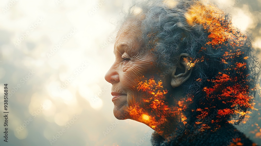 Abstract double exposure effect portrait of a depressed and lonely elderly senior black African American woman suffering with loneliness Alzheimer's dementia degenerative brain disease Abstract double exposure effect portrait of a depressed and lonely elderly senior black African American woman suffering with loneliness Alzheimer's dementia degenerative brain disease