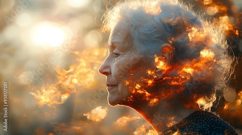  Abstract double exposure effect portrait of a depressed and lonely elderly senior black African American woman suffering with loneliness Alzheimer's dementia degenerative brain disease