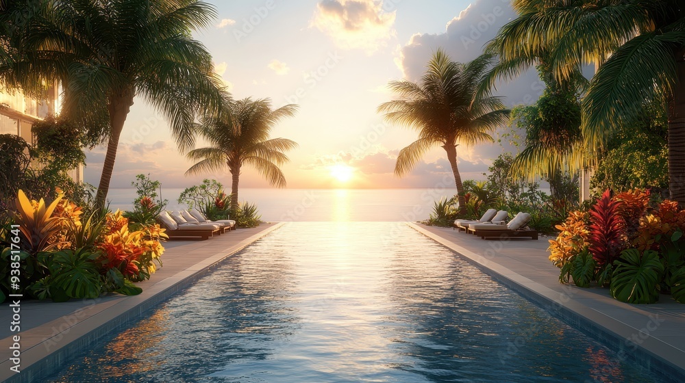 Fototapeta premium Tropical Sunset Poolside Relaxation